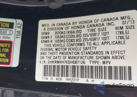 2013 Honda Cr-V Ex-L из США, поврежденный, VIN 2HKRM4H76DH687126